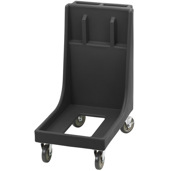 A black plastic Cambro Camdolly with wheels.