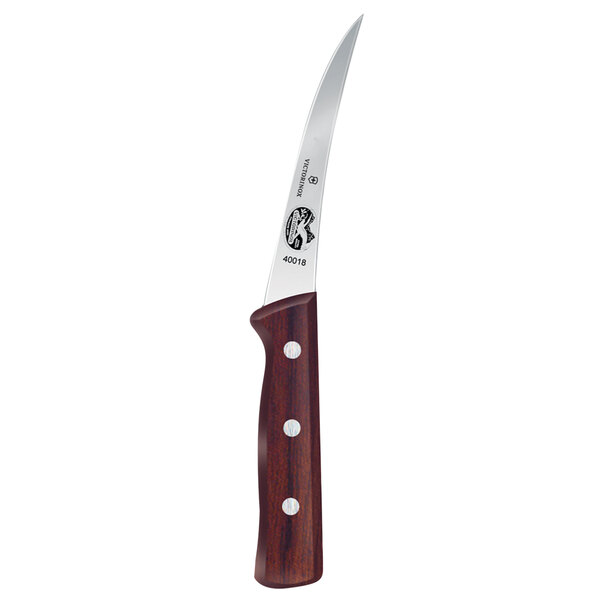 A Victorinox 5" narrow curved boning knife with a rosewood handle.