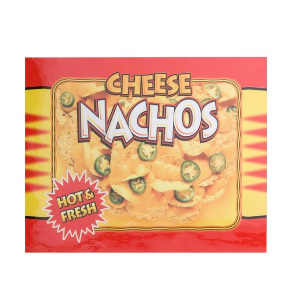A red and yellow sign that reads "Nachos" with a picture of nachos.
