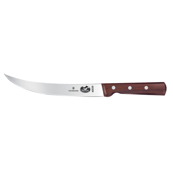 A Victorinox curved breaking knife with a rosewood handle on a counter.