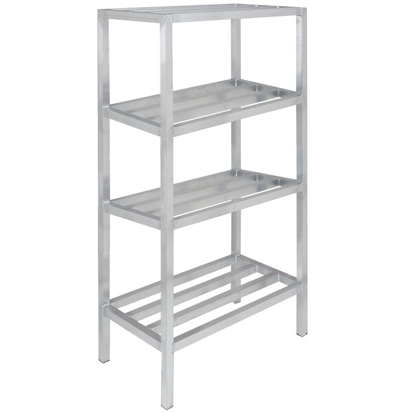 A silver metal shelf with four shelves.