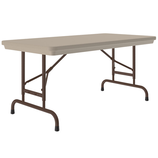 A rectangular mocha granite folding table with metal legs.