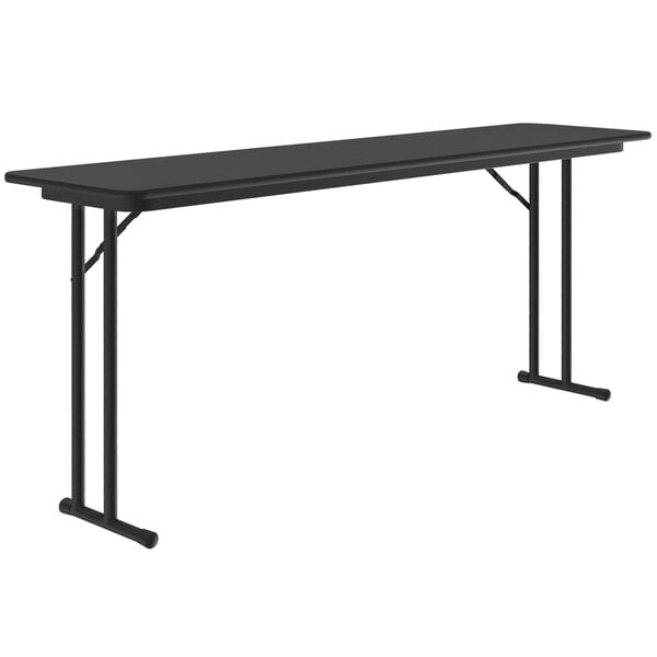 A black rectangular Correll seminar table with off-set legs.