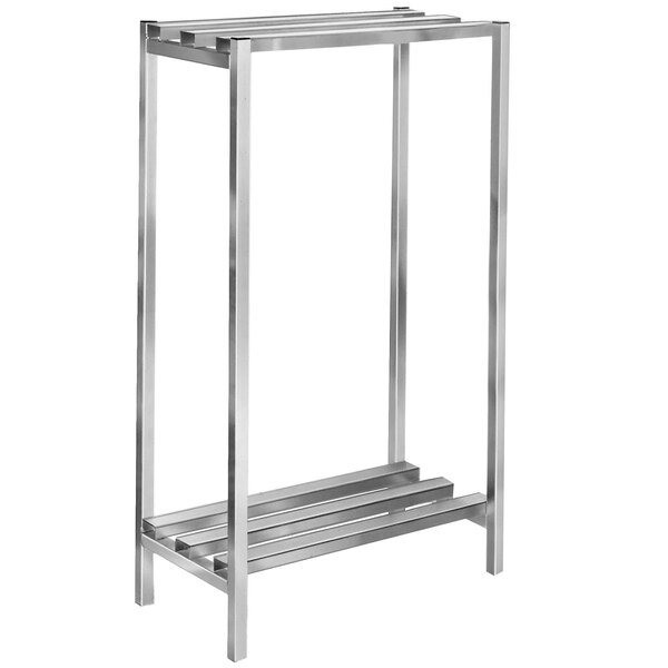 A Channel aluminum dunnage shelving unit with two shelves and four legs.