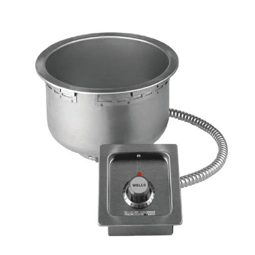 A Wells drop-in soup well with a thermostatic dial and a drain hose.