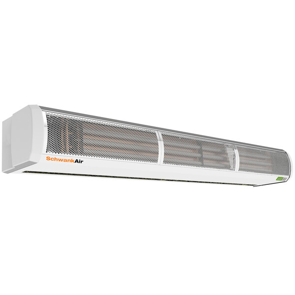 A white rectangular Schwank surface mounted air curtain with a vent and holes.