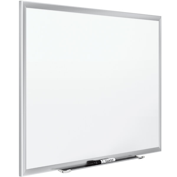 A Quartet white porcelain board with a silver frame and a black marker.