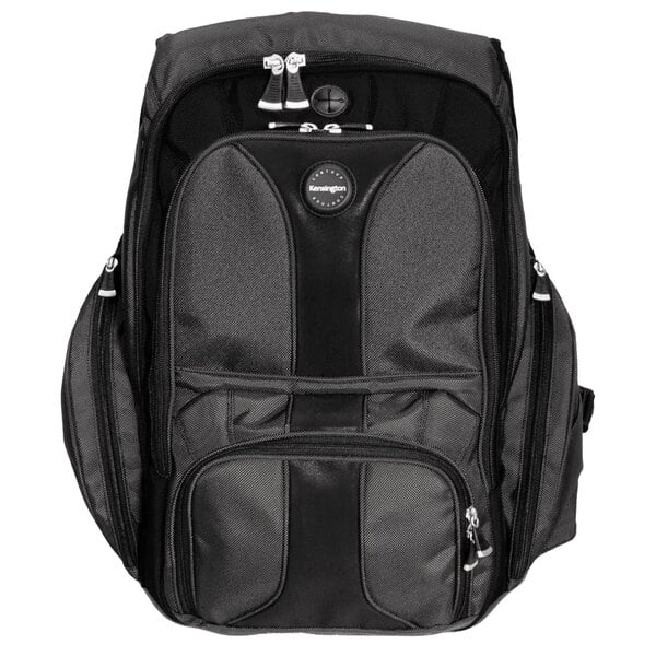 A black Kensington Contour laptop backpack with zippers on the front.