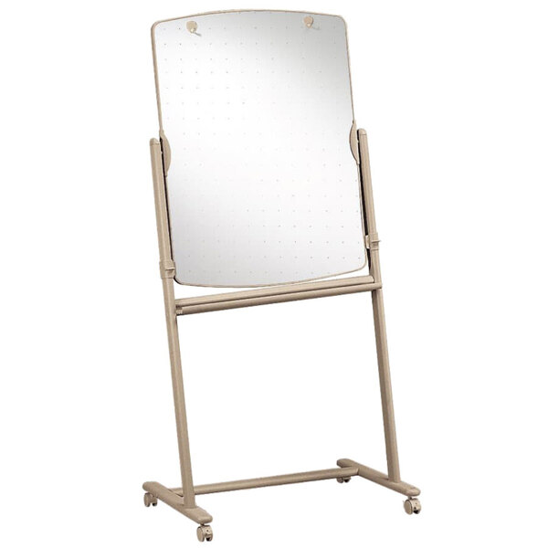 A Quartet mobile presentation easel with white and beige surfaces on a stand.