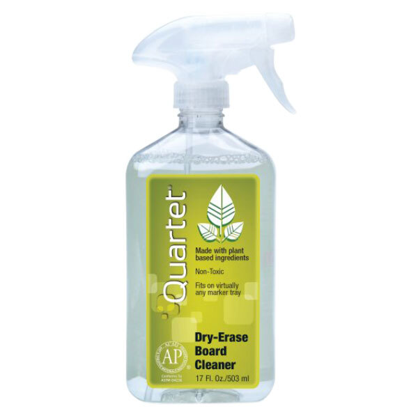 A clear plastic bottle of Quartet Dry Erase Whiteboard Spray Cleaner with a white sprayer.