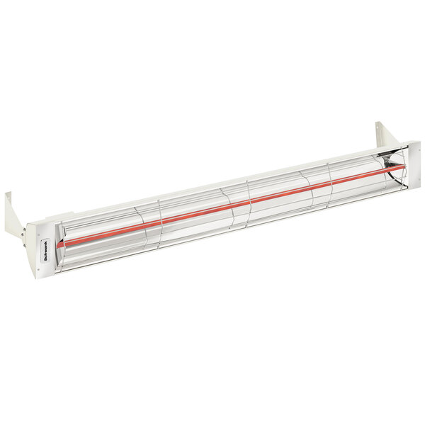 A white and red Schwank electric patio heater with red lines.