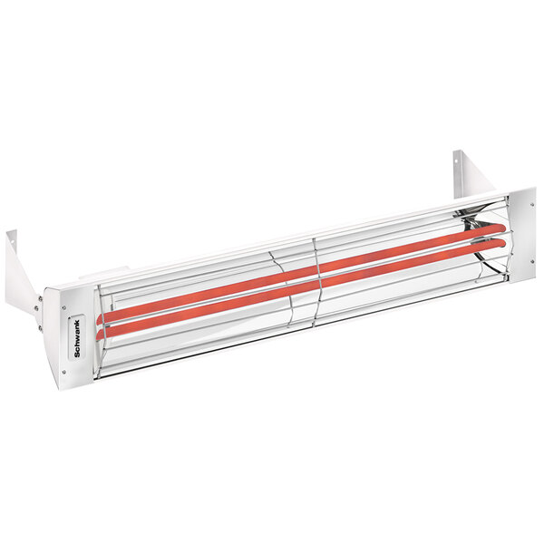 A white and red Schwank 2 stage electric patio heater with a red handle.
