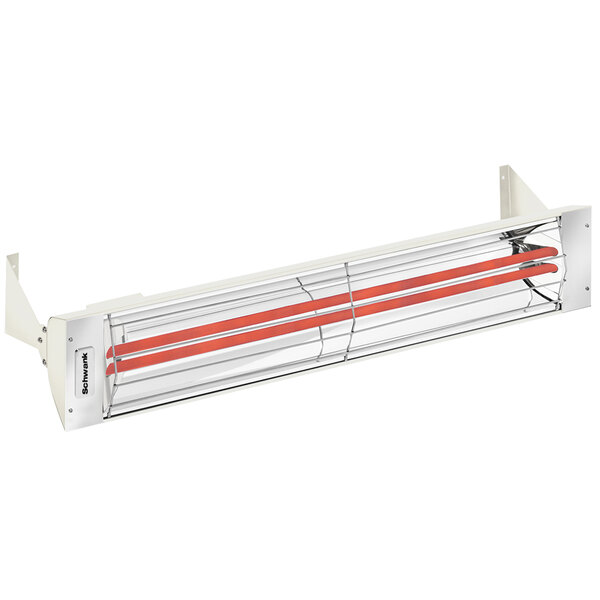 A white and red Schwank 2 stage electric outdoor patio heater with a red light.