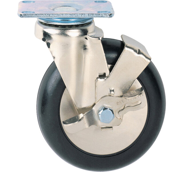A black and silver Metro plate caster with a metal wheel and a blue neoprene circle.