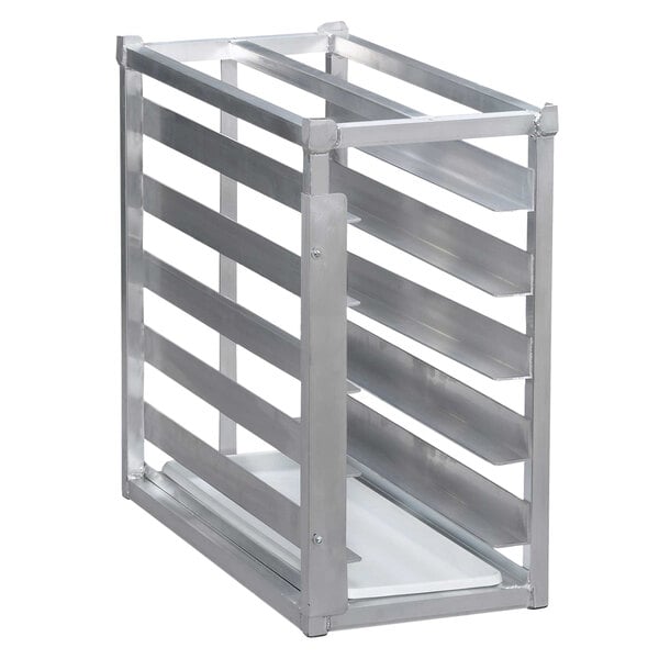 A metal rack with four shelves for donut baskets and screens.