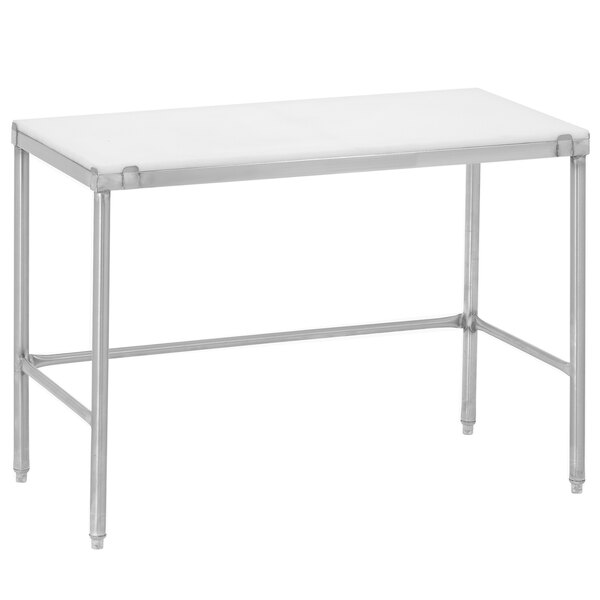 A white rectangular Channel poly top work table with a metal frame.