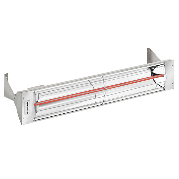 A Schwank stainless steel outdoor patio heater with red lines on it.