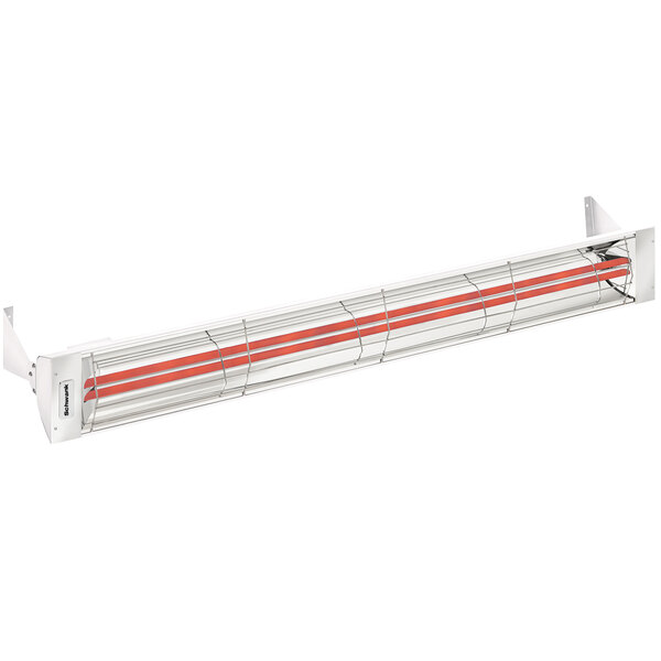 A white rectangular Schwank electric patio heater with red stripes and a red light.