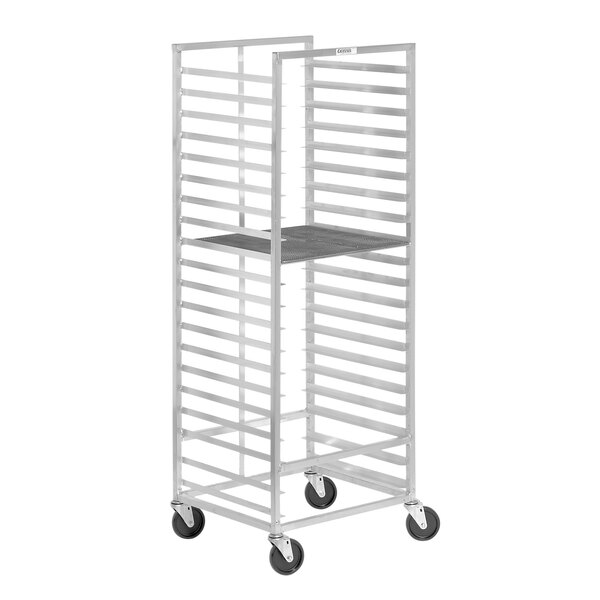 A metal Channel bottom load donut screen rack with wheels.
