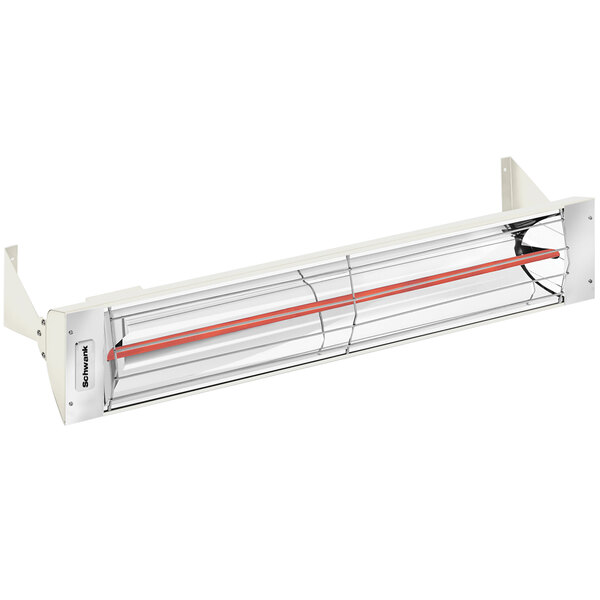 A white rectangular Schwank electric patio heater with red lines on the front.