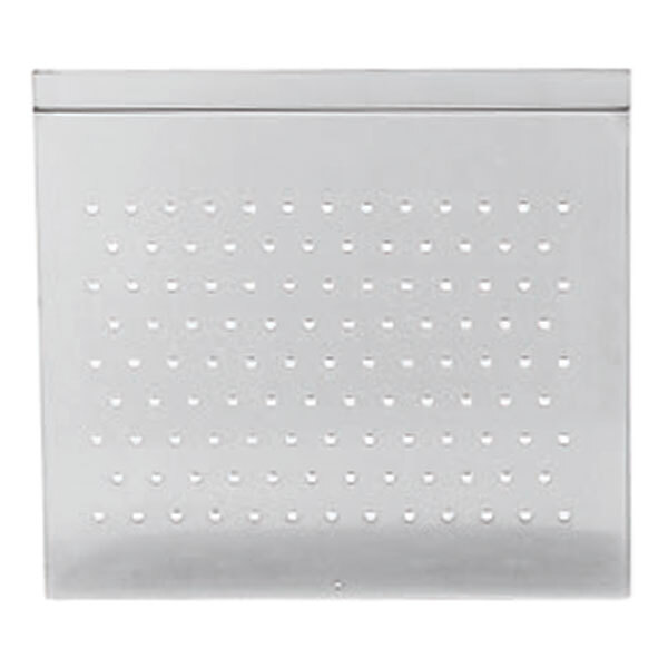 A stainless steel rectangular plate with holes.