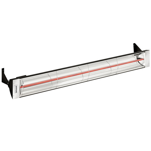 A Schwank mineral bronze commercial patio heater with a red stripe on a white tube.