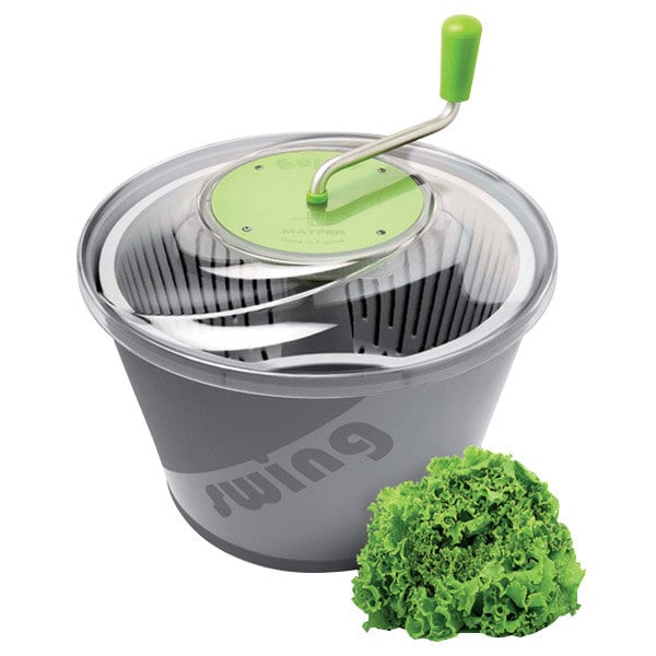 A Matfer Bourgeat salad spinner with a green handle and lettuce inside.