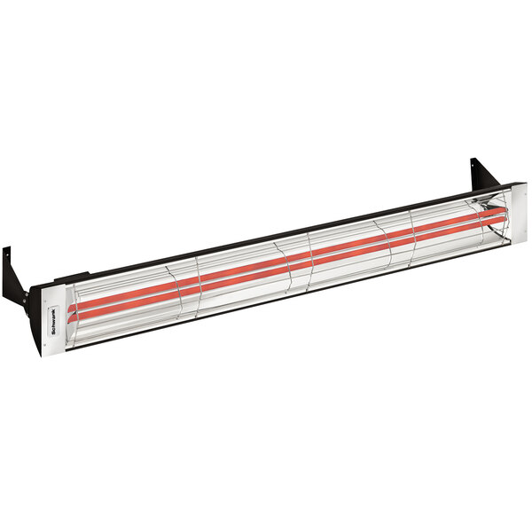 A black Schwank electric patio heater with red stripes.