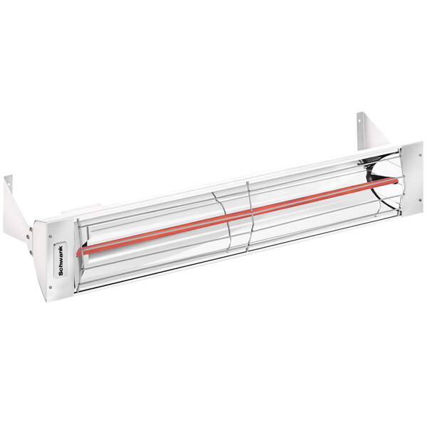 A white Schwank outdoor patio heater with red lines on the sides.