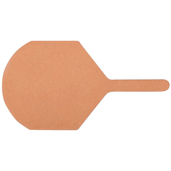 A brown wooden pizza peel with a handle.