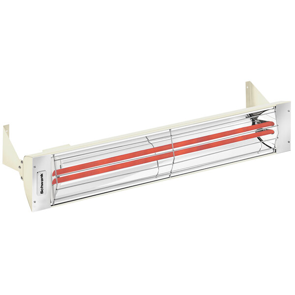 A white and red Schwank 2 stage electric patio heater.