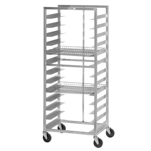 A white metal Channel donut basket rack with shelves on wheels.