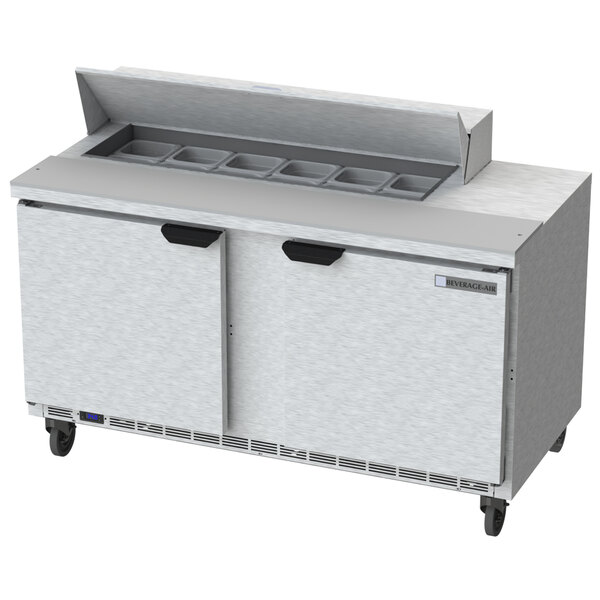 A Beverage-Air Elite Series refrigerated sandwich prep table with two doors and drawers.