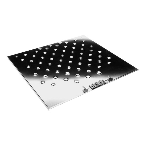 A stainless steel square metal plate with holes.