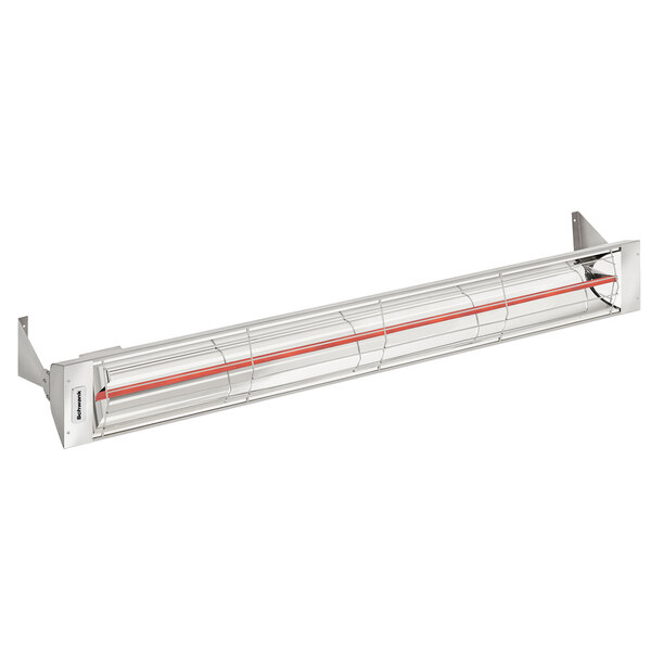 A white rectangular metal tube with red lines on it.