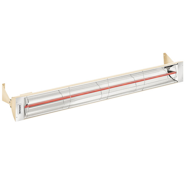 A beige metal Schwank outdoor patio heater with red lines and a red light.