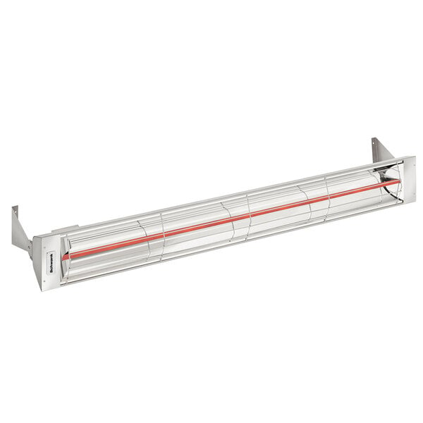 A stainless steel Schwank electric patio heater with red heating elements.