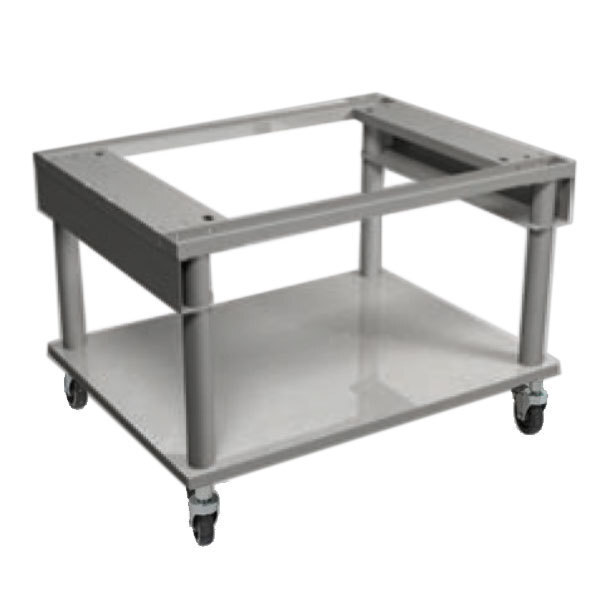 A grey stainless steel MagiKitch'n mobile equipment stand with wheels.