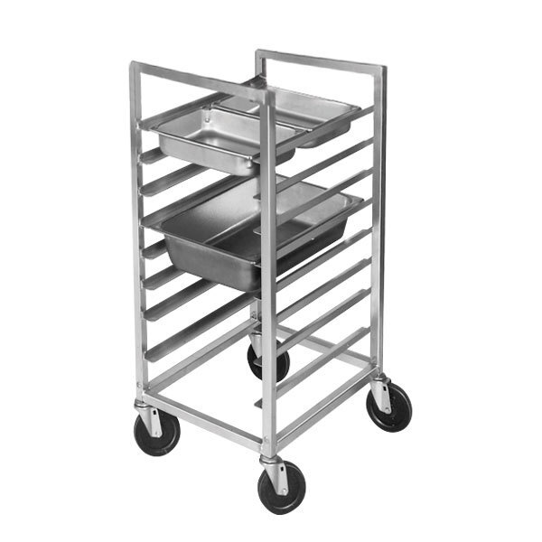 A Channel aluminum stand with three shelves holding metal steam table pans.