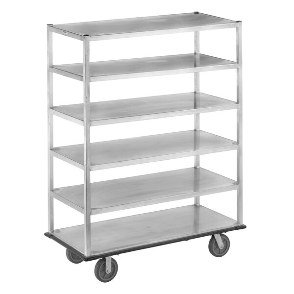 A metal Channel Queen Mary banquet service cart with 6 shelves on wheels.