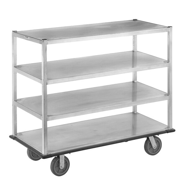 A stainless steel Channel Queen Mary banquet service cart with 4 shelves and wheels.