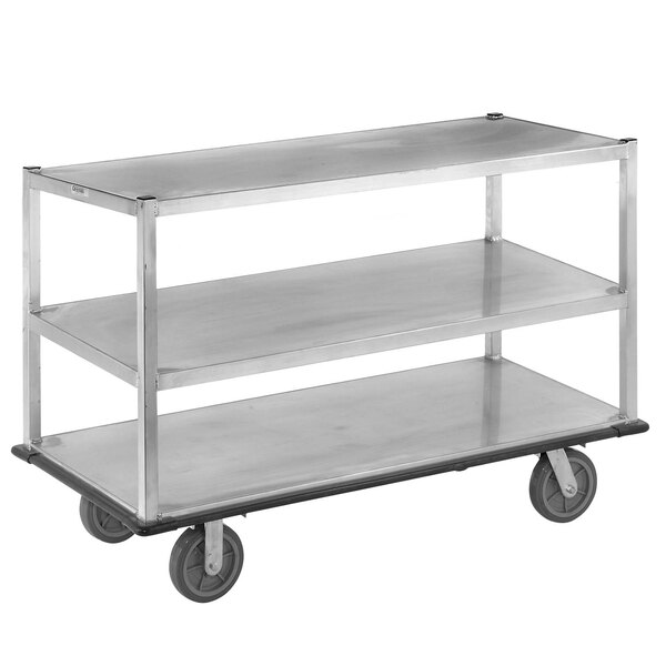 A stainless steel Channel Queen Mary banquet service cart with black wheels.