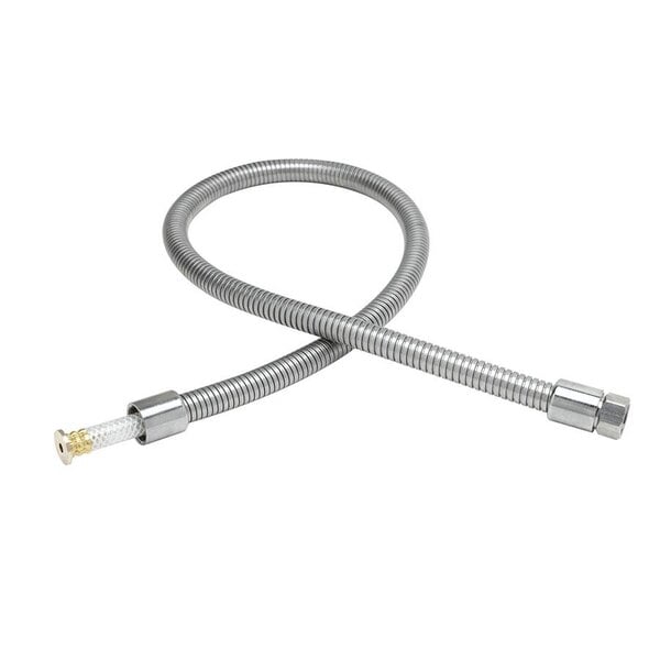 A flexible stainless steel hose with a metal nut.