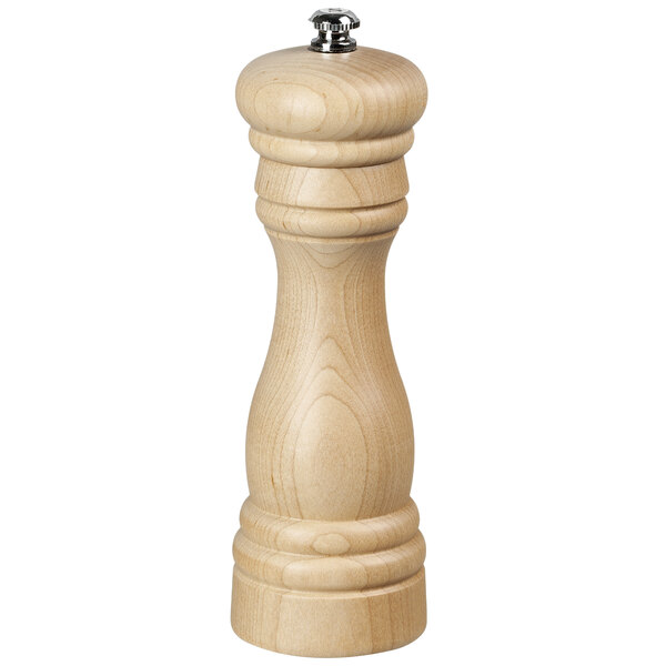 A Fletchers' Mill maple wooden pepper mill with a metal top.