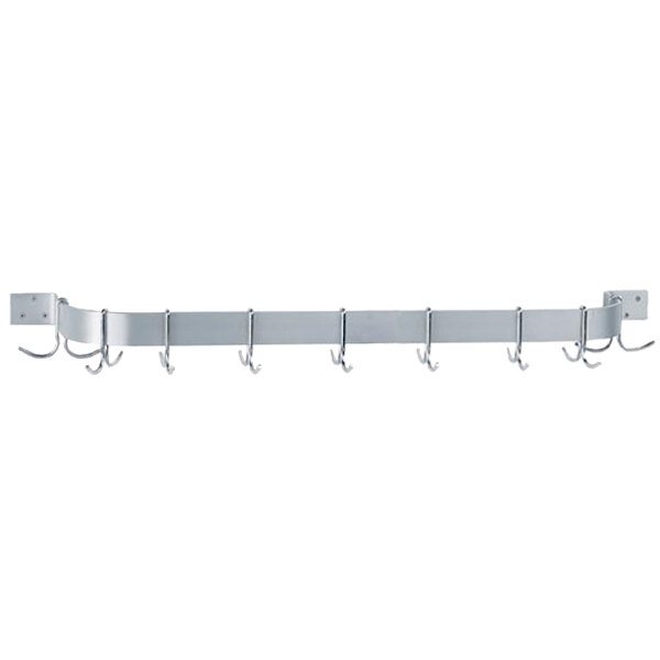 A stainless steel Advance Tabco wall mounted pot rack with double prong hooks.