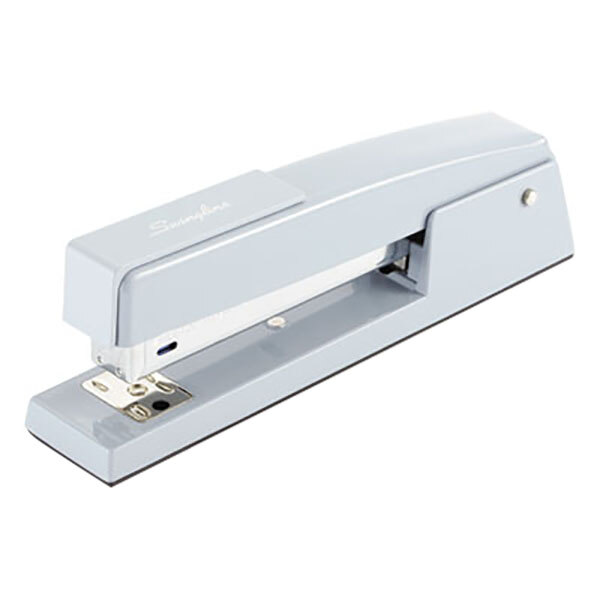 A sky blue Swingline stapler with a silver handle.