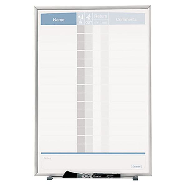 A silver aluminum rectangular board with white squares and a marker.