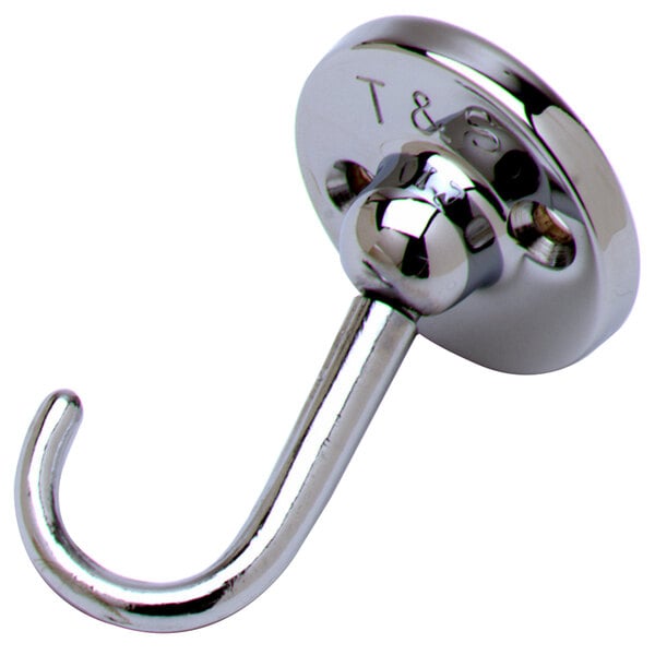 A chrome T&S metal dummy wall hook with a hook on the end.