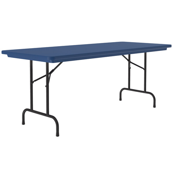 A rectangular blue table with black legs.