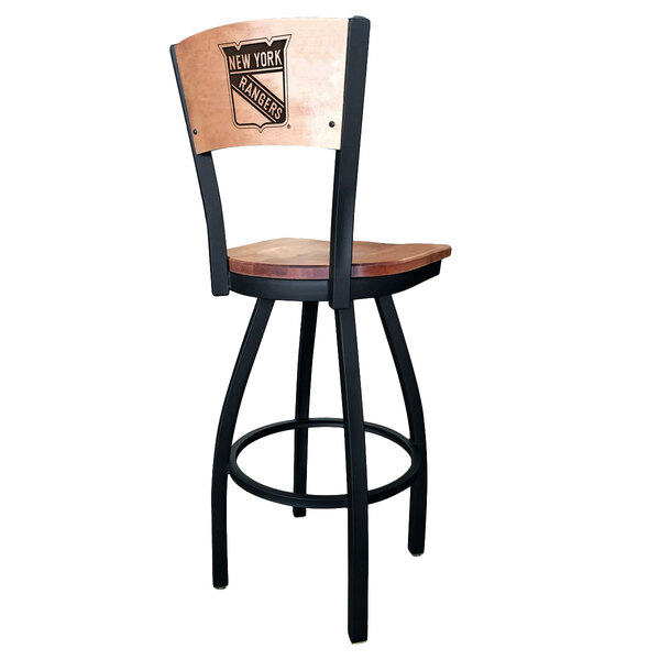 A black steel bar height chair with a wooden seat and back with a New York Rangers logo laser engraved on it.